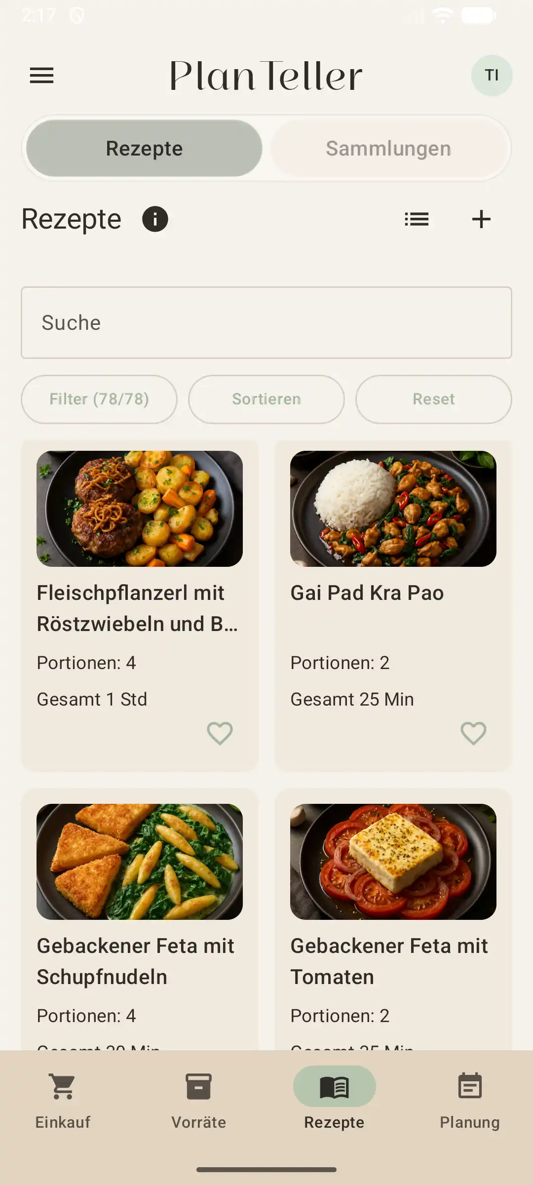 PlanTeller App mit Rezeptübersicht